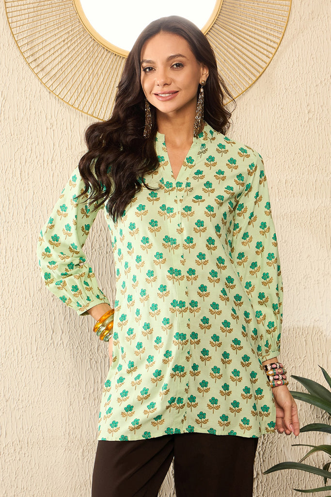 Green Viscose Rayon Floral Printed Regular Top VT1323