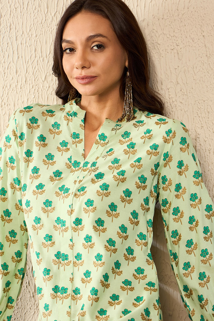 Green Viscose Rayon Floral Printed Regular Top VT1323