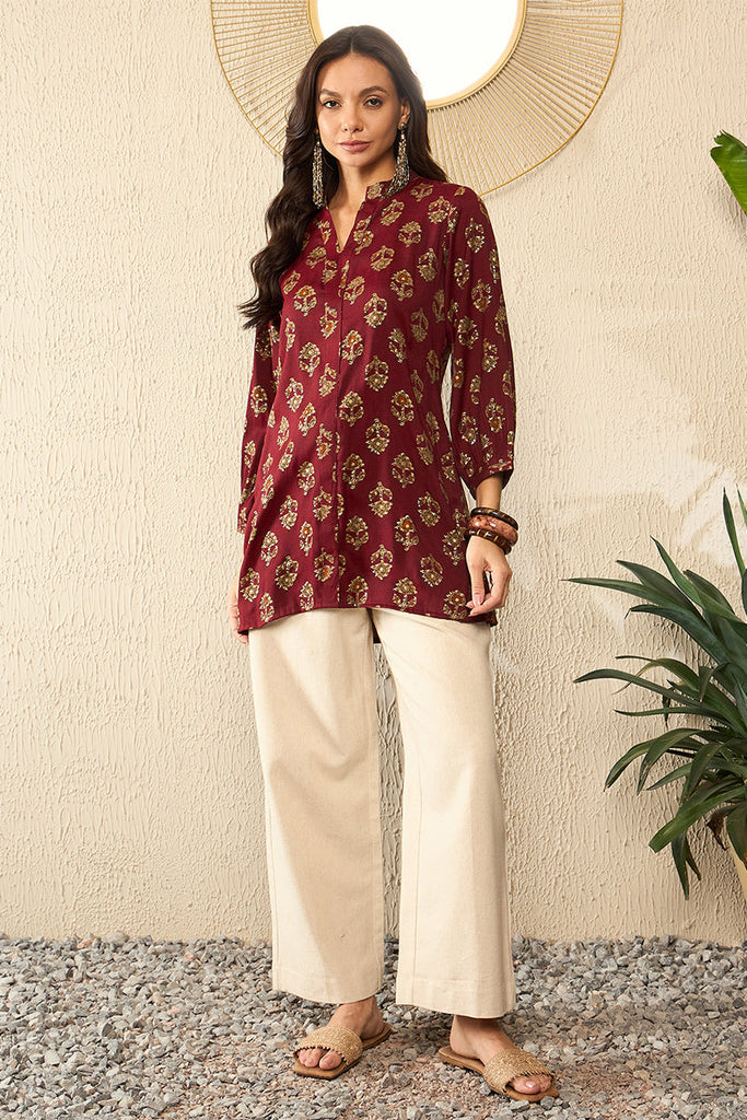 Maroon Cotton Blend Floral Printed Regular Top VT1324