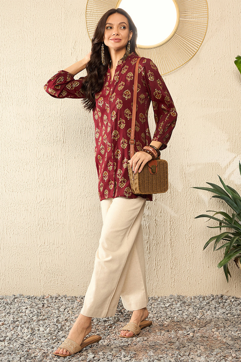 Maroon Cotton Blend Floral Printed Regular Top VT1324