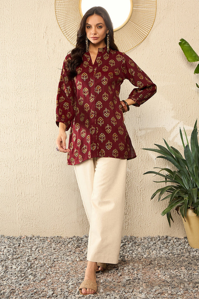 Maroon Cotton Blend Floral Printed Regular Top VT1324