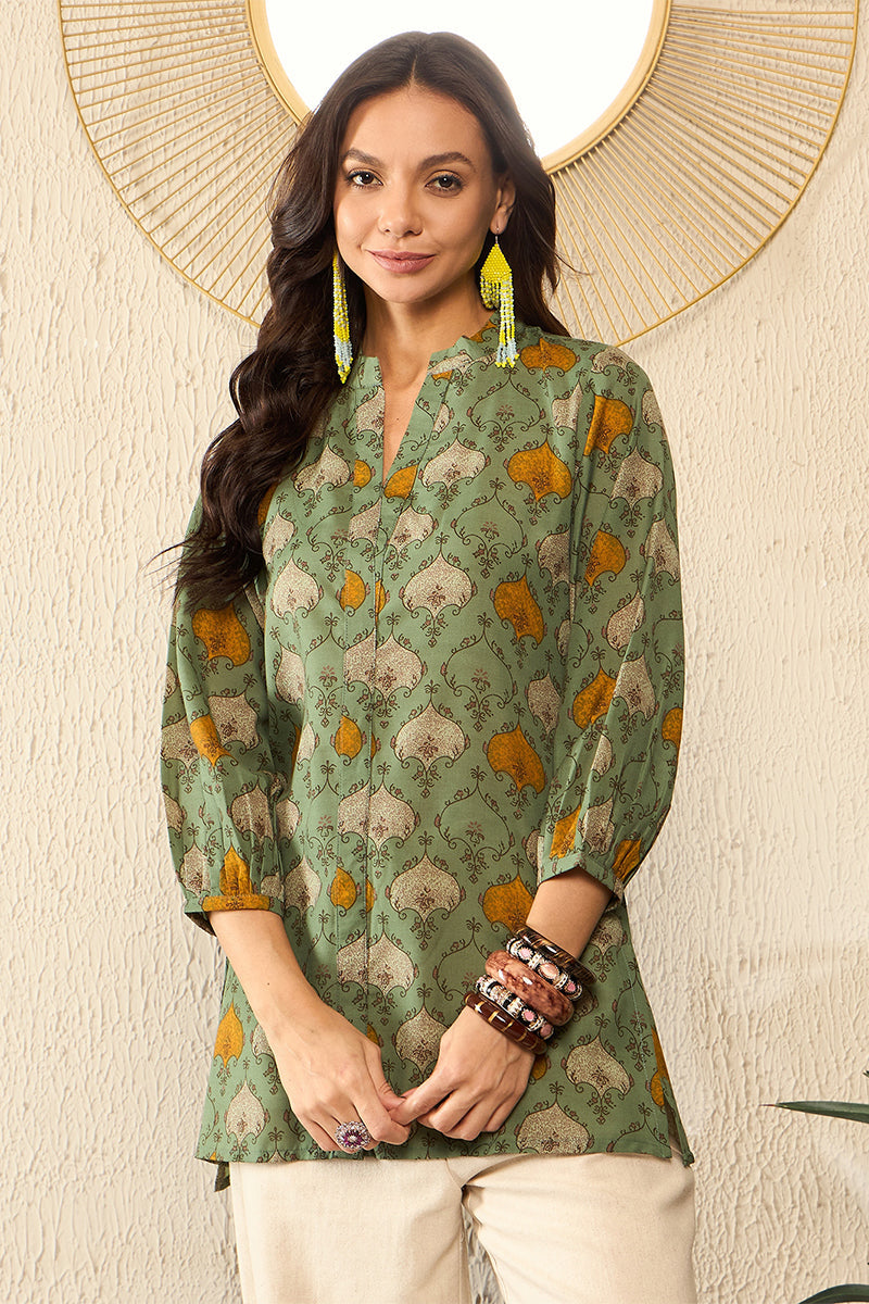 Green Cotton Blend Ethnic Motifs Printed Regular Top VT1325