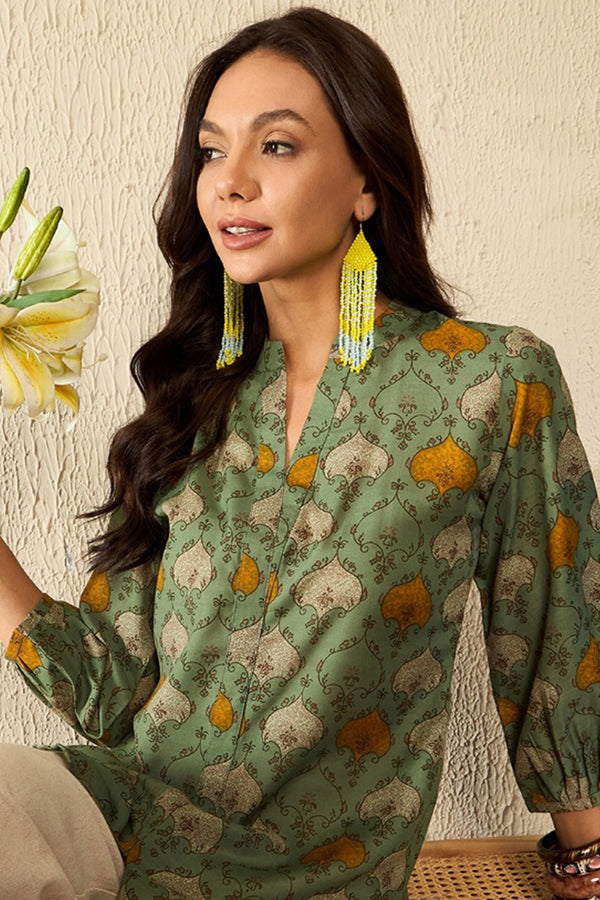 Green Cotton Blend Ethnic Motifs Printed Regular Top VT1325