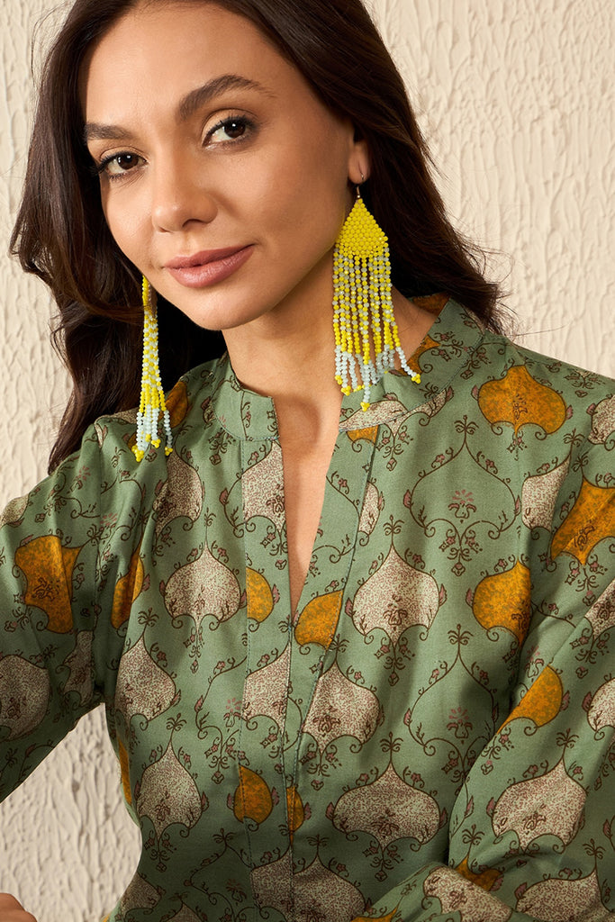 Green Cotton Blend Ethnic Motifs Printed Regular Top VT1325
