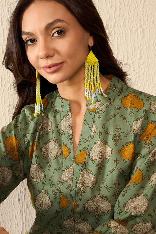 Green Cotton Blend Ethnic Motifs Printed Regular Top VT1325