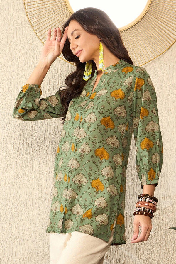 Green Cotton Blend Ethnic Motifs Printed Regular Top VT1325