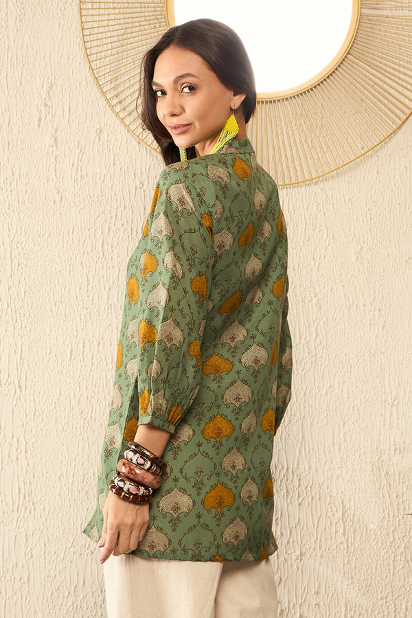 Green Cotton Blend Ethnic Motifs Printed Regular Top VT1325