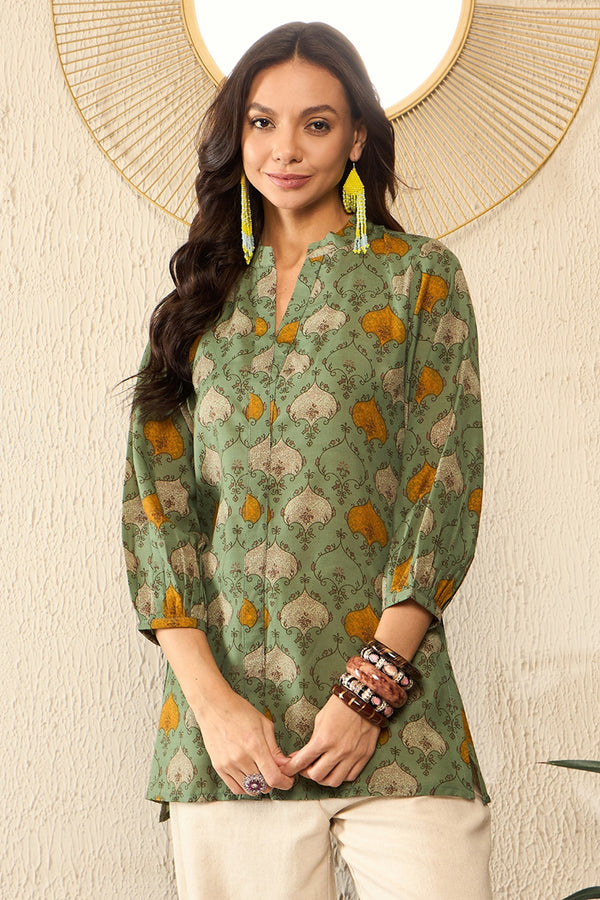 Green Cotton Blend Ethnic Motifs Printed Regular Top VT1325