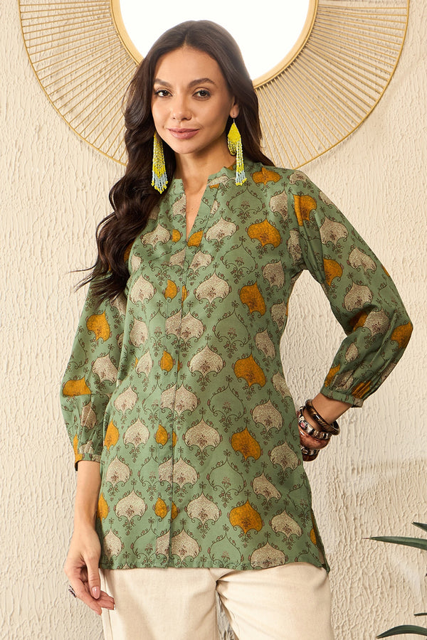 Green Cotton Blend Ethnic Motifs Printed Regular Top VT1325