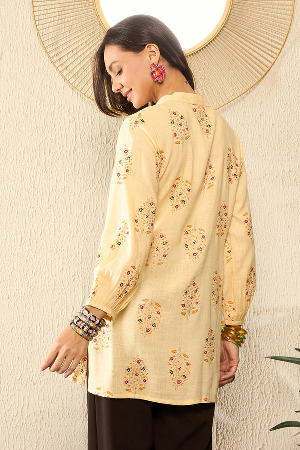 Yellow Cotton Blend Floral Printed Regular Top VT1327