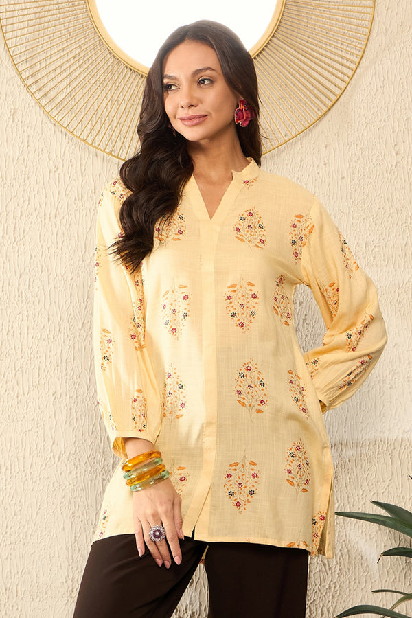 Yellow Cotton Blend Floral Printed Regular Top VT1327