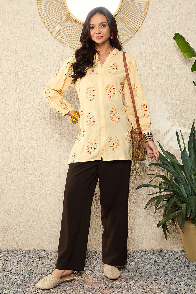 Yellow Cotton Blend Floral Printed Regular Top VT1327