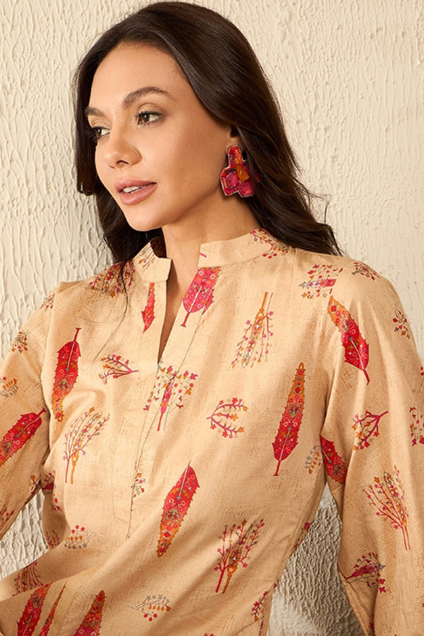 Beige Cotton Blend Floral Printed Regular Top VT1329