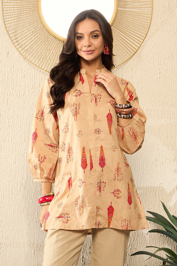 Beige Cotton Blend Floral Printed Regular Top VT1329