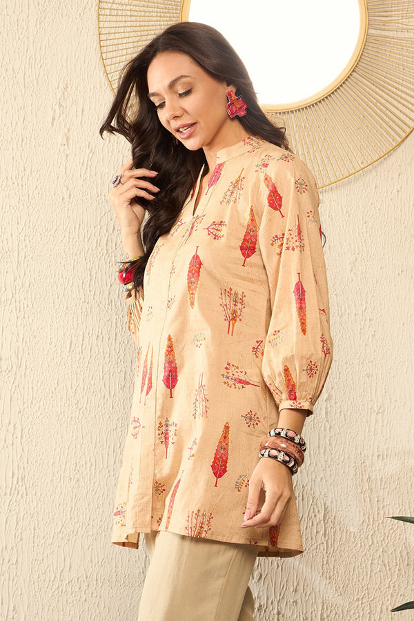 Beige Cotton Blend Floral Printed Regular Top VT1329