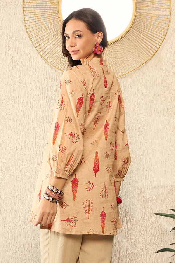Beige Cotton Blend Floral Printed Regular Top VT1329