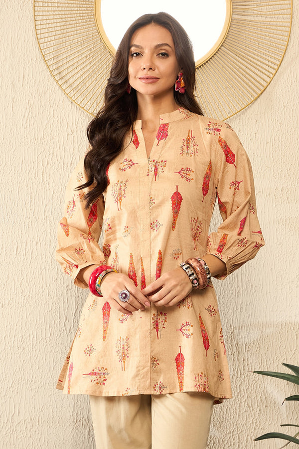 Beige Cotton Blend Floral Printed Regular Top VT1329