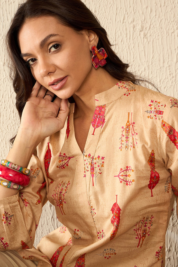 Beige Cotton Blend Floral Printed Regular Top VT1329