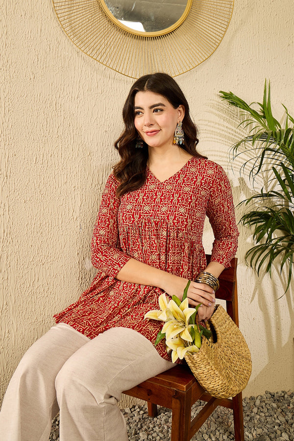 Red Viscose Rayon Ethnic Motifs Printed Regular Kurti Tunics VT1330