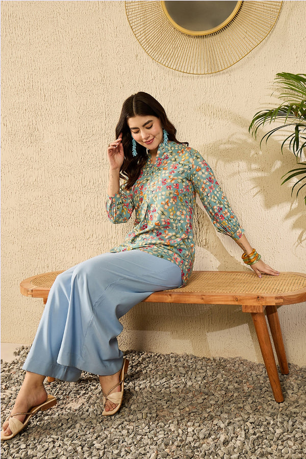 Blue Viscose Rayon Floral Printed Regular Top VT1335