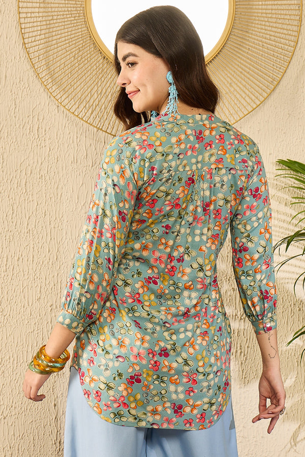 Blue Viscose Rayon Floral Printed Regular Top VT1335