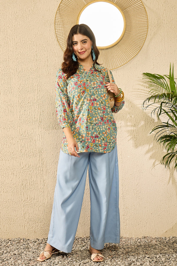 Blue Viscose Rayon Floral Printed Regular Top VT1335