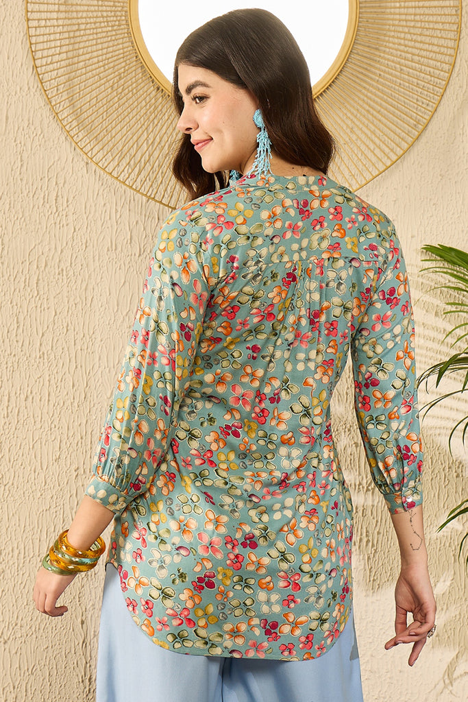 Blue Viscose Rayon Floral Printed Regular Top VT1335