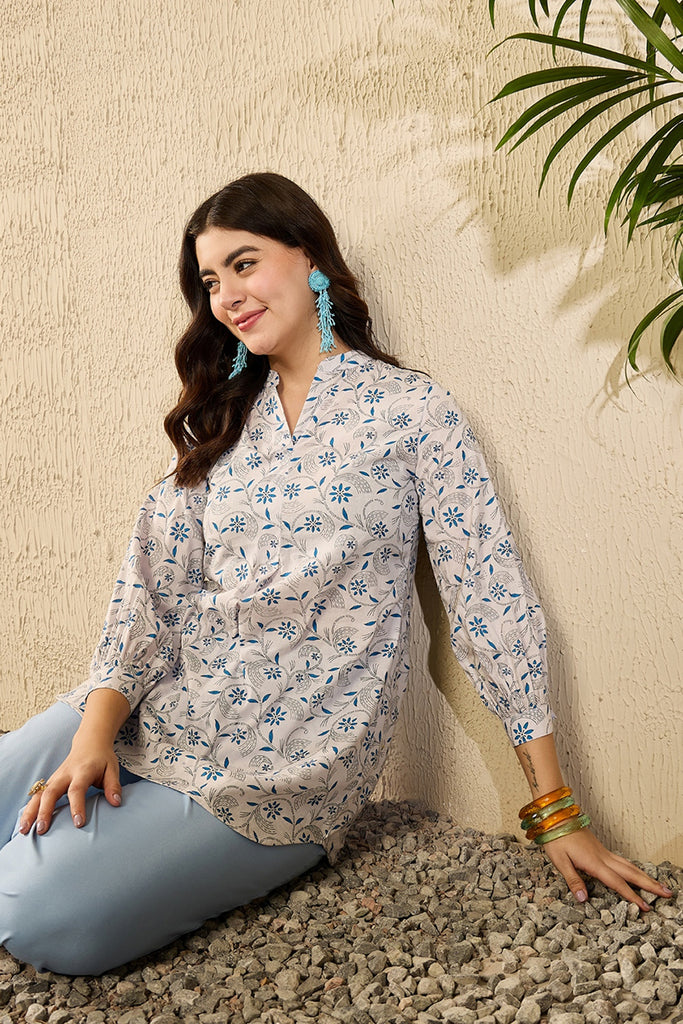 White Cotton Blend Floral Printed Regular Top VT1362