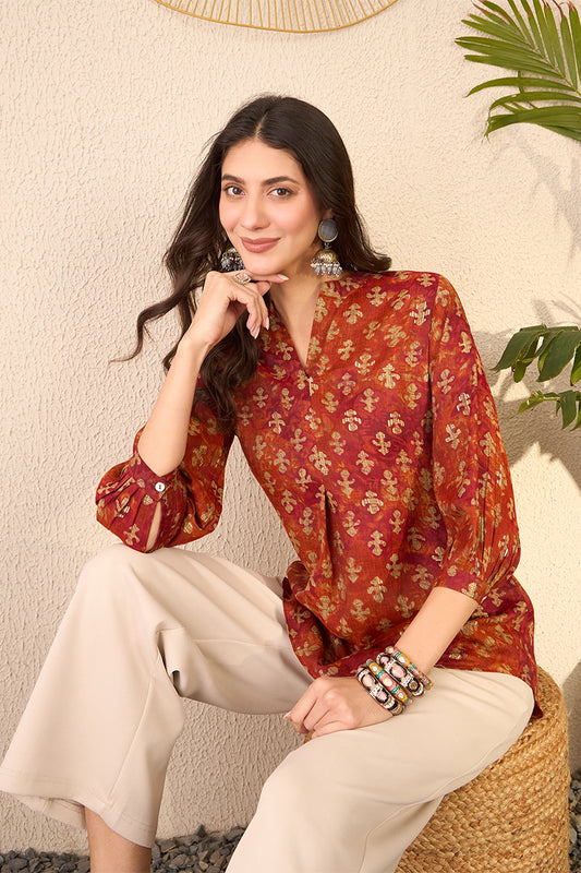 Orange Cotton Blend Ethnic Motifs Printed Regular Top VT1363