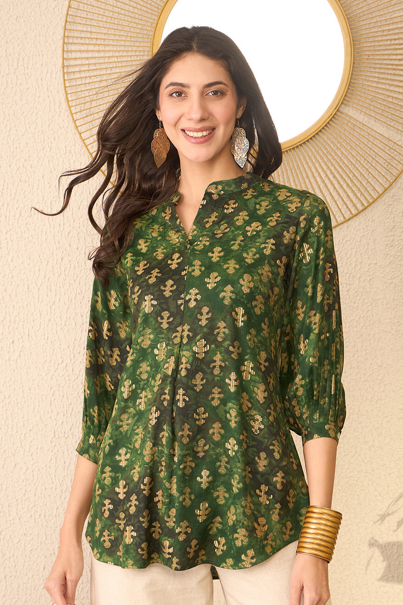 Green Cotton Blend Ethnic Motifs Printed Regular Top VT1364