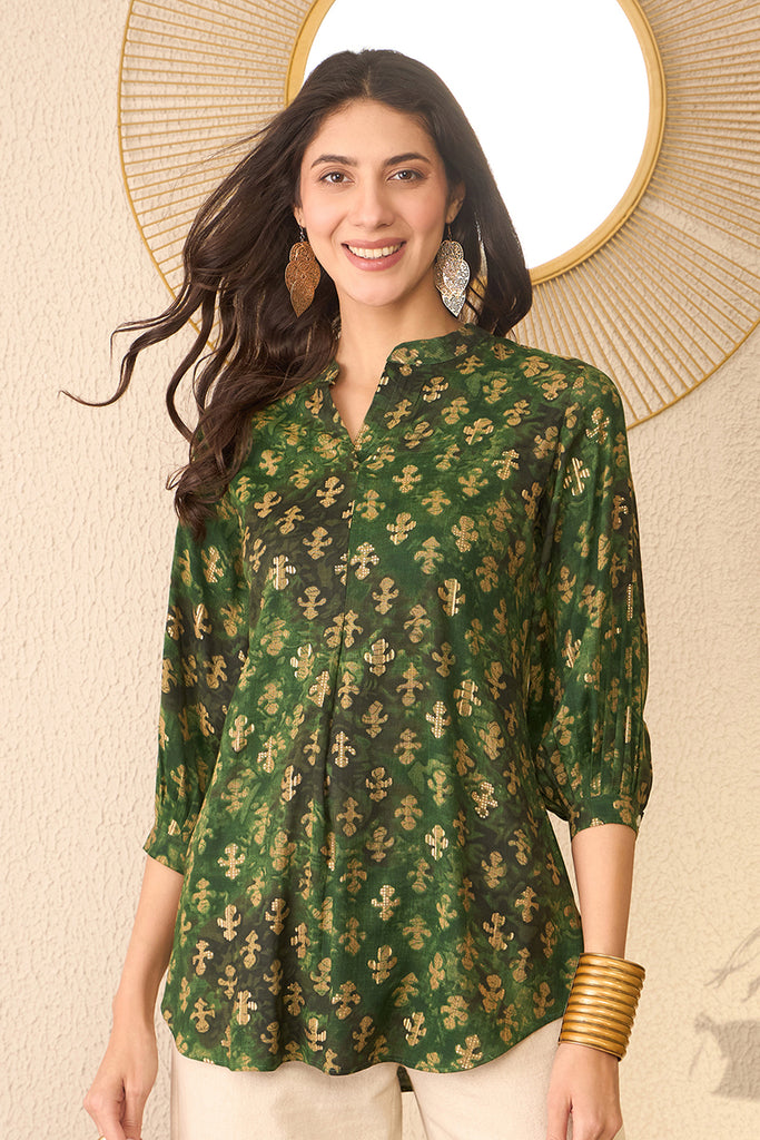 Green Cotton Blend Ethnic Motifs Printed Regular Top VT1364