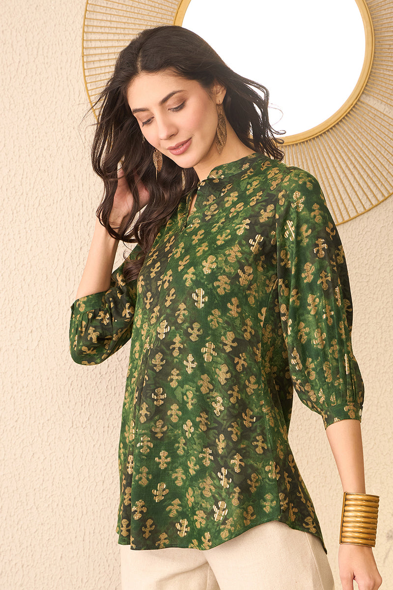 Green Cotton Blend Ethnic Motifs Printed Regular Top VT1364