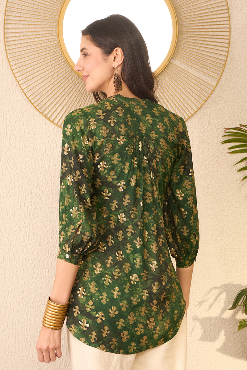 Green Cotton Blend Ethnic Motifs Printed Regular Top VT1364