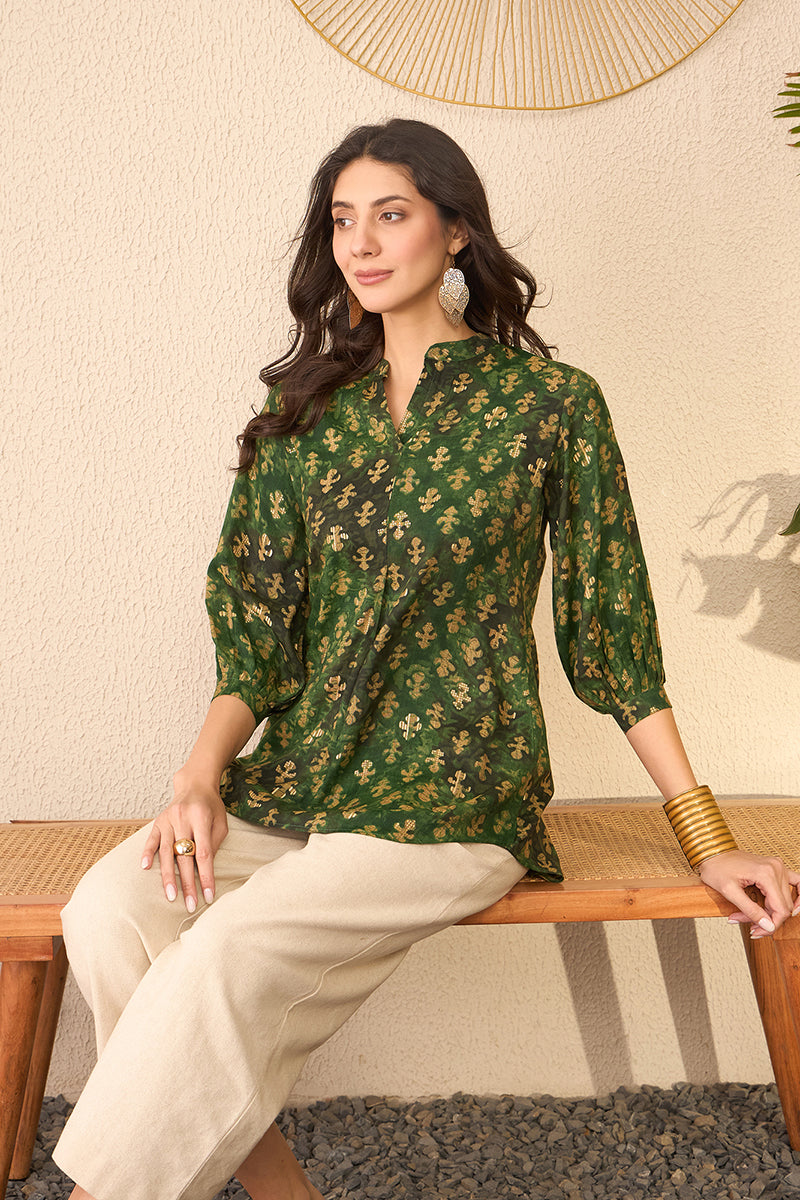 Green Cotton Blend Ethnic Motifs Printed Regular Top VT1364