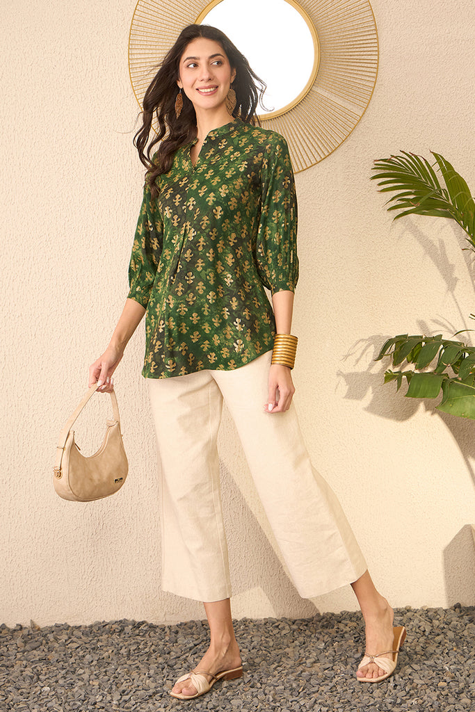 Green Cotton Blend Ethnic Motifs Printed Regular Top VT1364