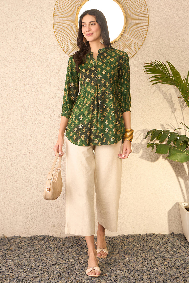 Green Cotton Blend Ethnic Motifs Printed Regular Top VT1364