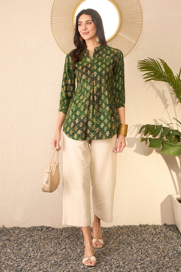 Green Cotton Blend Ethnic Motifs Printed Regular Top VT1364