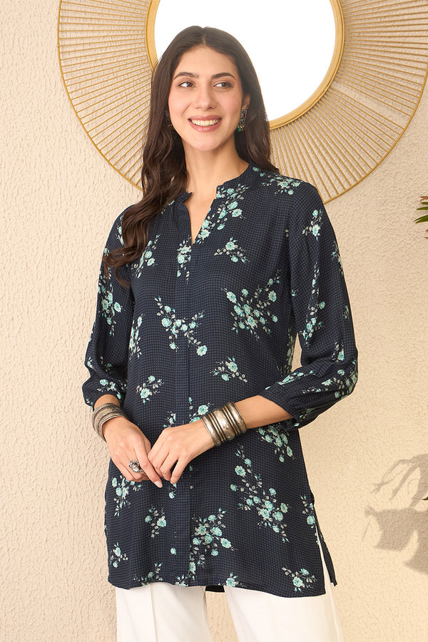 Navy Blue Rayon Blend Floral Printed Regular Top VT1368