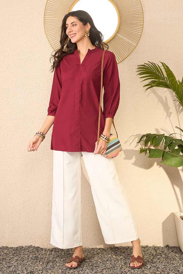 Maroon Silk Blend Solid Regular Top VT1369