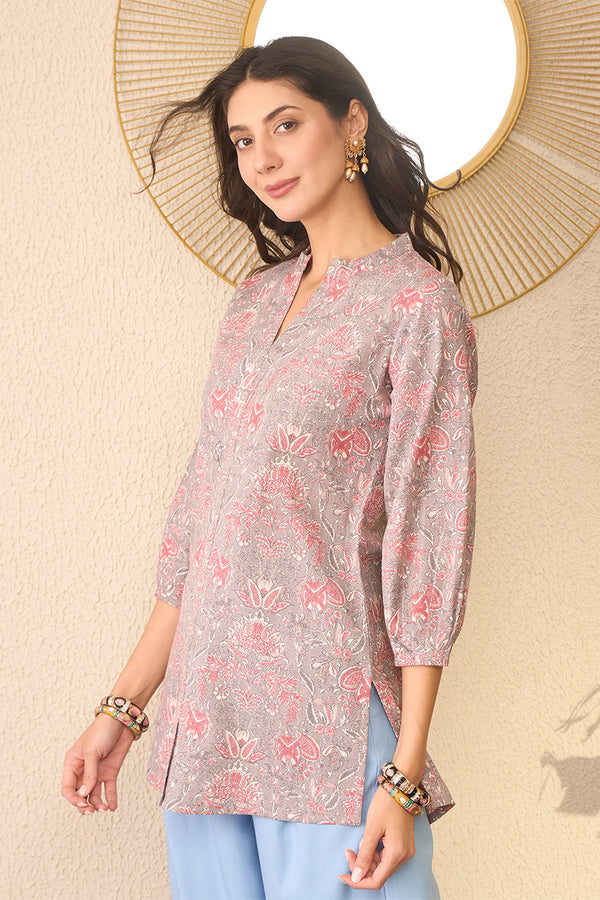 Grey Cotton Blend Floral Printed Regular Top VT1371
