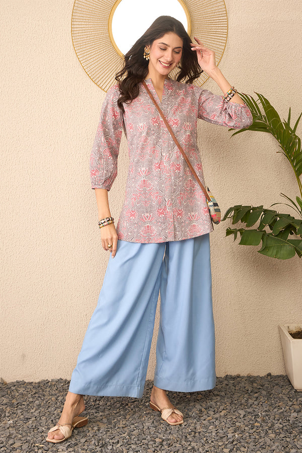 Grey Cotton Blend Floral Printed Regular Top VT1371