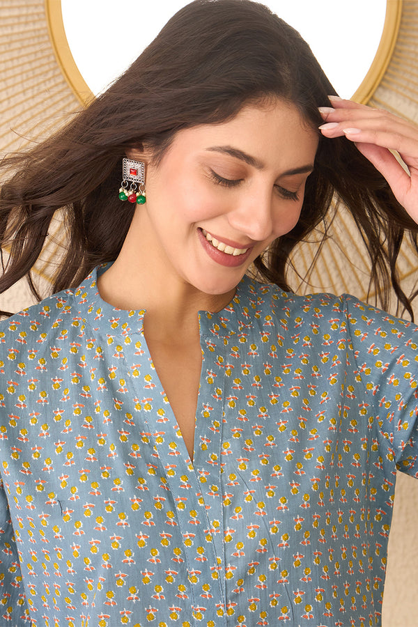 Grey Cotton Blend Floral Printed Regular Top VT1372