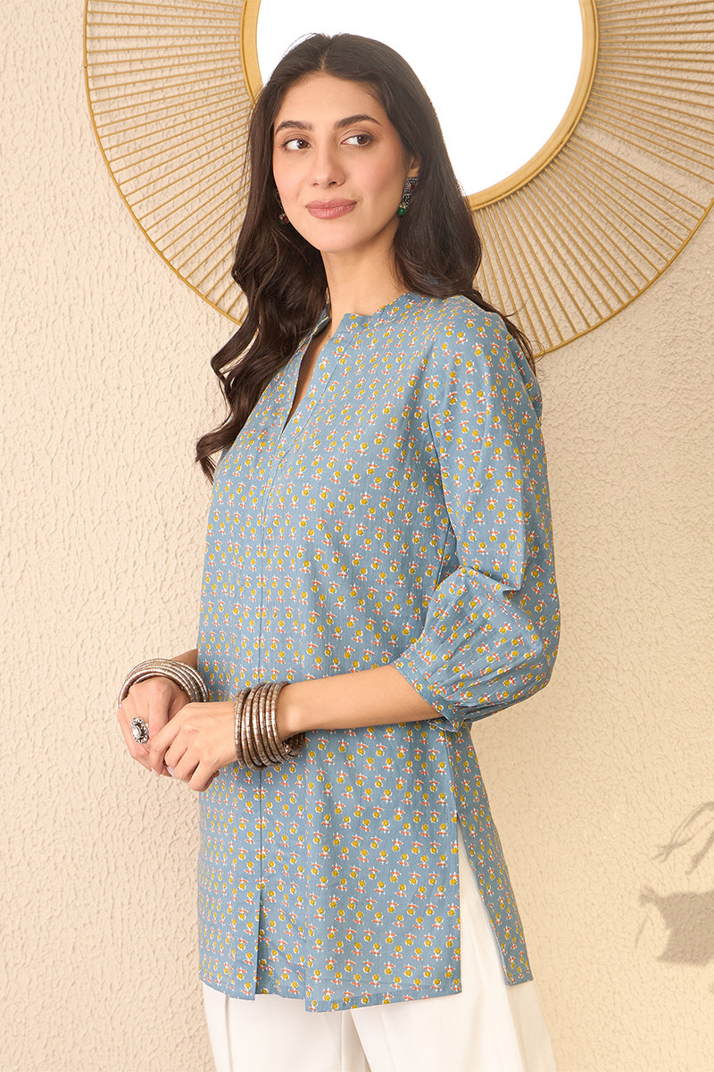 Grey Cotton Blend Floral Printed Regular Top VT1372