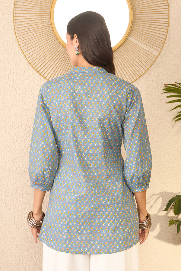 Grey Cotton Blend Floral Printed Regular Top VT1372