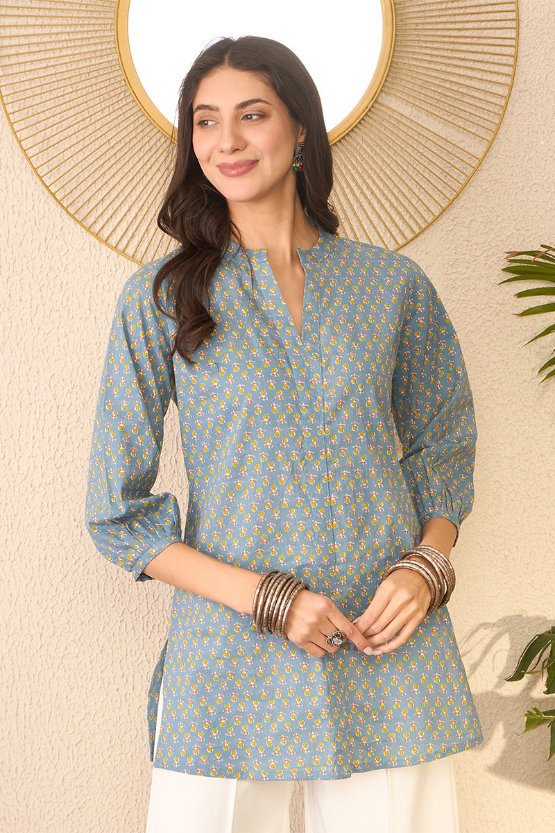 Grey Cotton Blend Floral Printed Regular Top VT1372