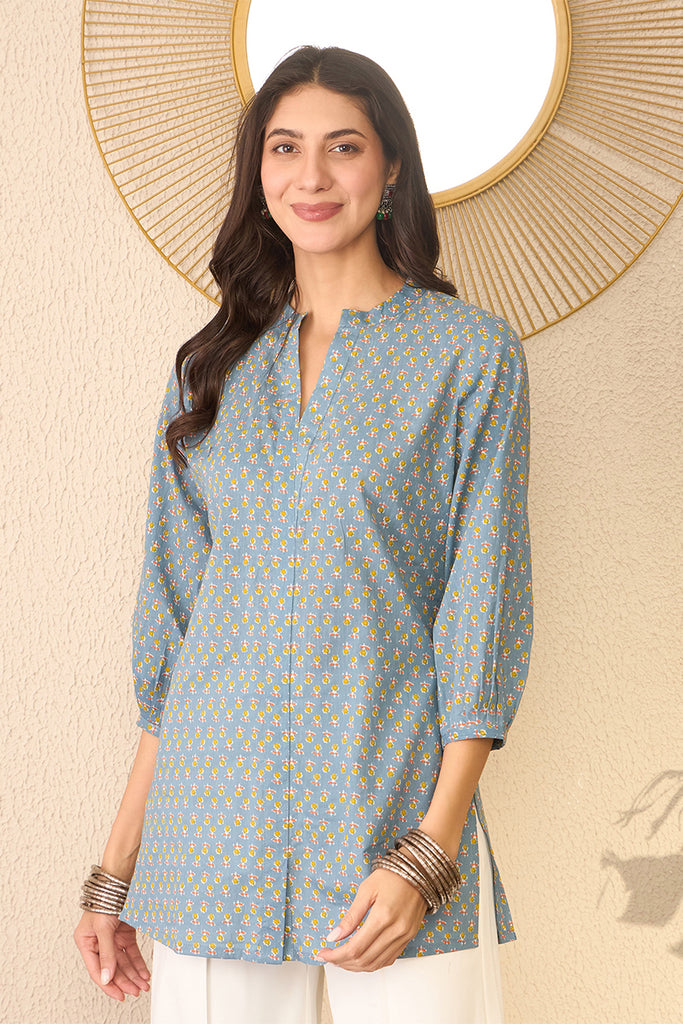 Grey Cotton Blend Floral Printed Regular Top VT1372