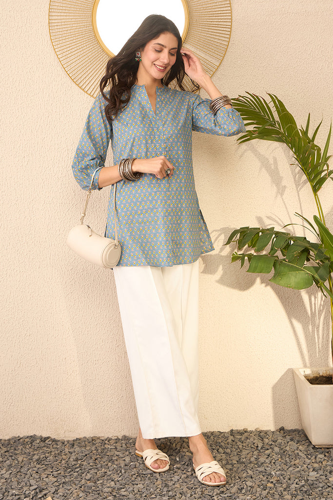 Grey Cotton Blend Floral Printed Regular Top VT1372