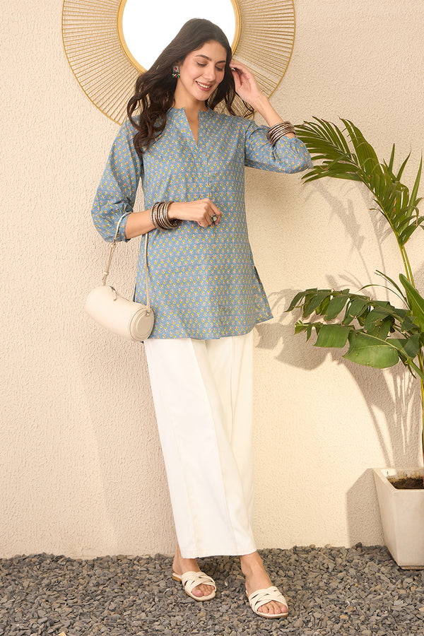 Grey Cotton Blend Floral Printed Regular Top VT1372