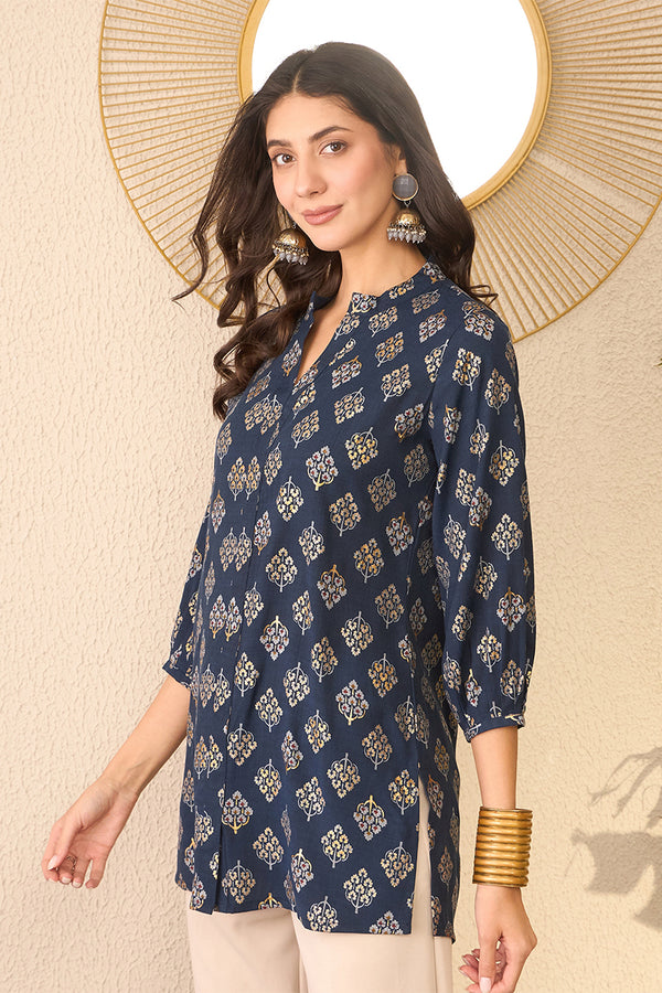 Navy Blue Cotton Blend Floral Printed Regular Top VT1373