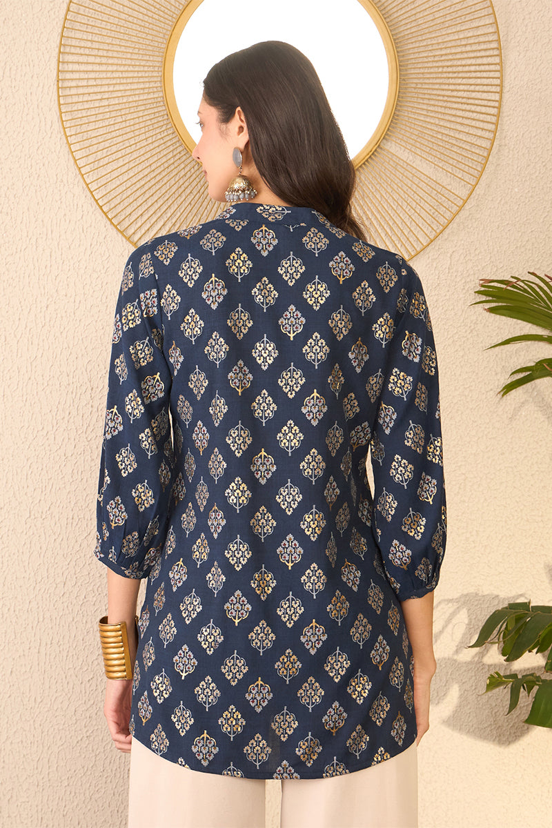 Navy Blue Cotton Blend Floral Printed Regular Top VT1373